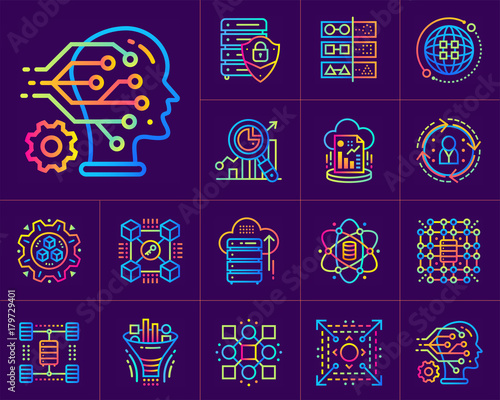 Linear icon set of Data science technology and machine learning process. Material design icon suitable for print, website and presentation