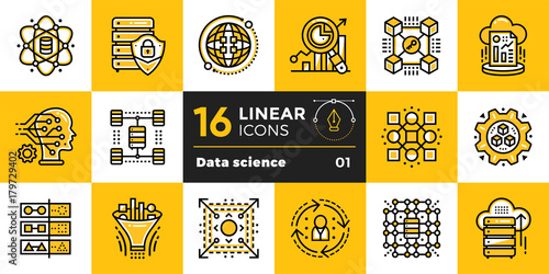 Linear icon set of Data science technology and machine learning process. Material design icon suitable for print, website and presentation