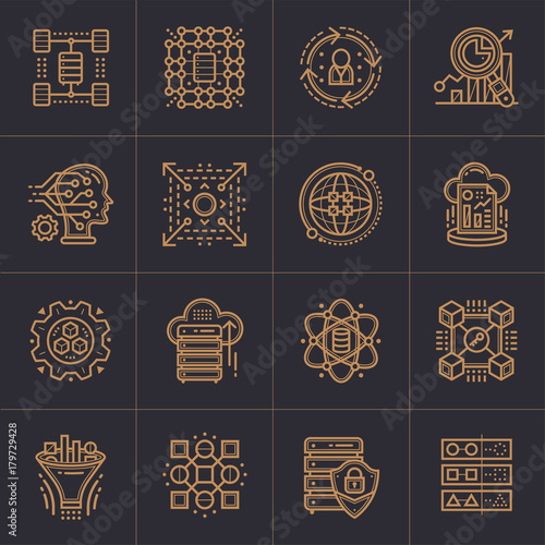 Linear icon set of Data science technology and machine learning process. Material design icon suitable for print, website and presentation