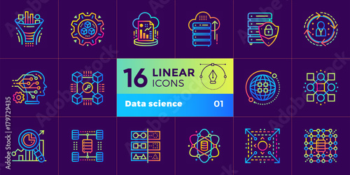 Linear icon set of Data science technology and machine learning process. Material design icon suitable for print, website and presentation