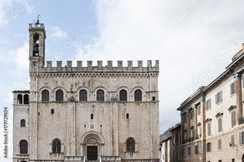 Gubbio, Perugia, Italy - The facade of Palazzo dei Consoli. The palace is located in Piazza Grande, in Gubbio, and is one of the most impressive public buildings in Italy.