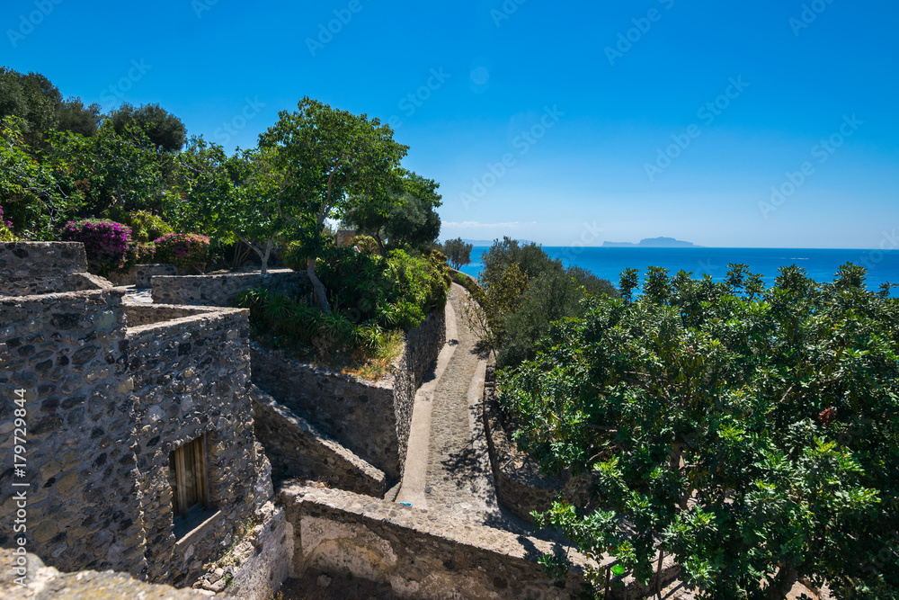 A summer day visiting Aragonese Castle in, Ischia Ponte, Ischia, Phlegrean Islands, Tyrrhenian Sea, Italy, South Europe