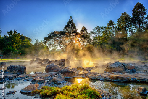 Quadro su tela Morning fog over hot spring at Chae Sorn National Park, Thailand