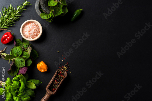 Fototapeta Naklejka Na Ścianę i Meble -  Mix of fresh herbs and spices. Top view