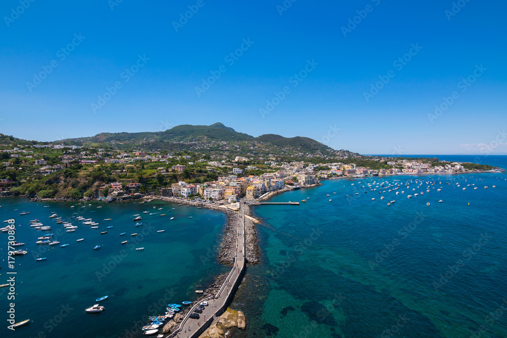Panoramic view of Ischia town, Ischia Ponte, Ischia, Phlegrean Islands, Tyrrhenian Sea, Italy, South Europe