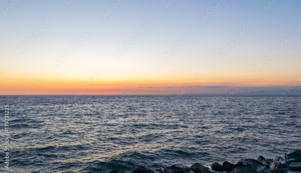Panoramic view of Forio at sunset, Soccorso Church, Ischia, Phlegrean Islands, Tyrrhenian Sea, Italy, South Europe