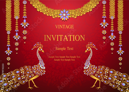  Wedding Invitation card templates with gold patterned and crystals on background color.