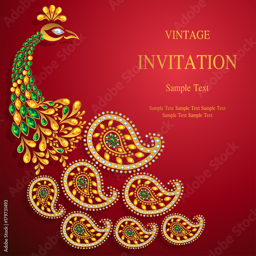  Wedding Invitation card templates with gold patterned and crystals on background color.