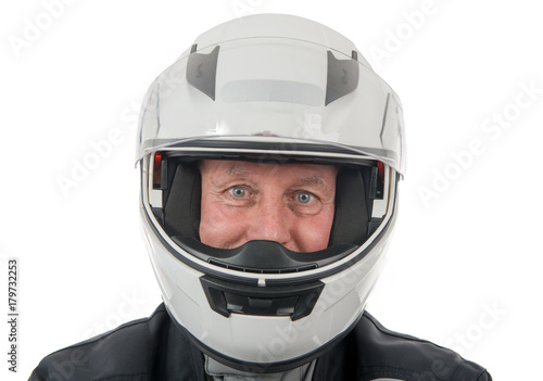 senior rider with white helmet isolated on the white background © Philipimage