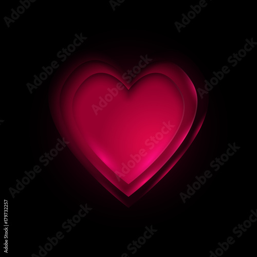 3d abstract cut out illustration of heart shape with neon light from inside. Vector design layout template