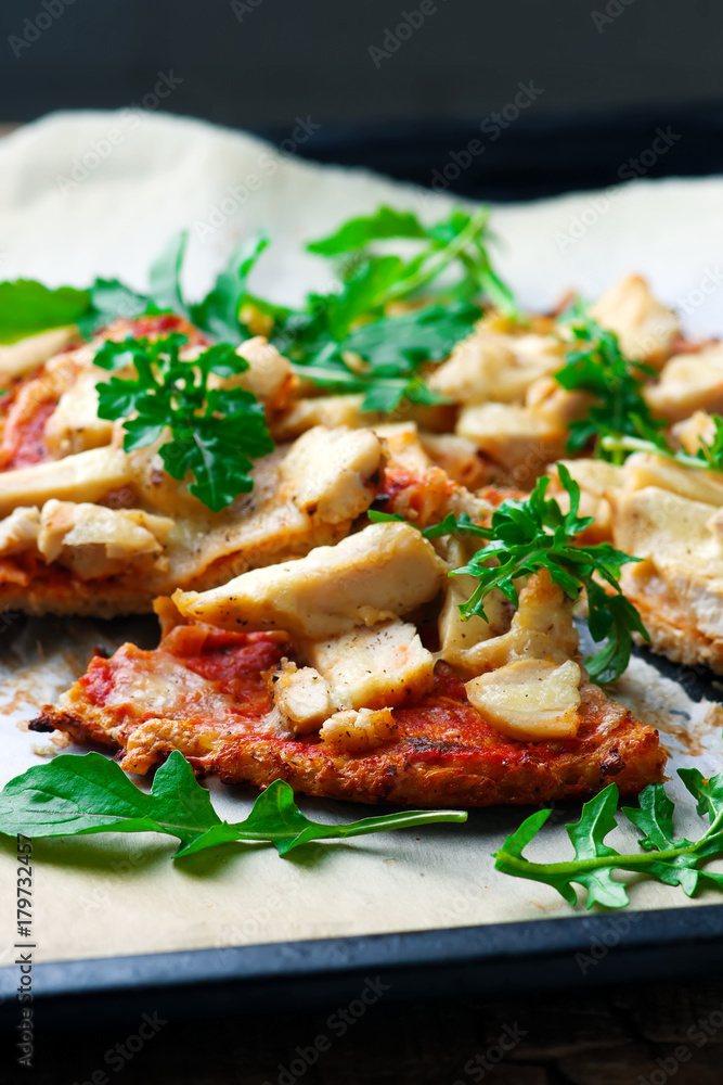 BBQ Chicken Cauliflower Crust Pizza.. Top view. selective focus BBQ Chicken Cauliflower Crust Pizza.. Top view. selective focus