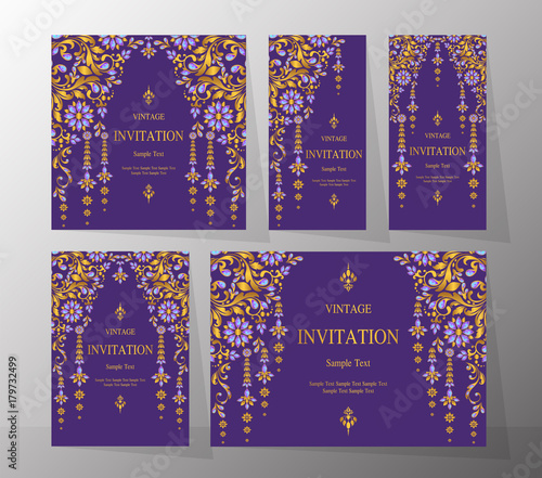  Wedding Invitation card templates with gold patterned and crystals on background color.