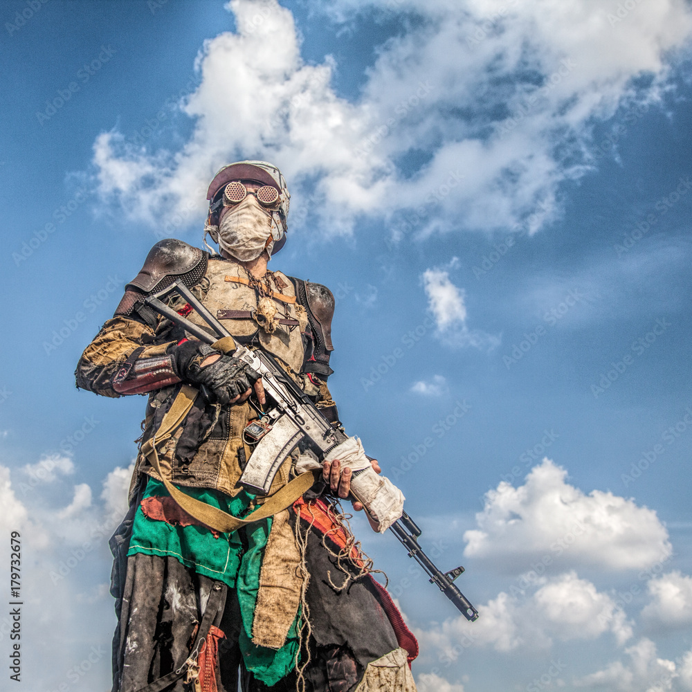 Fototapeta premium Post apocalyptic survivor creature with homemade weapons