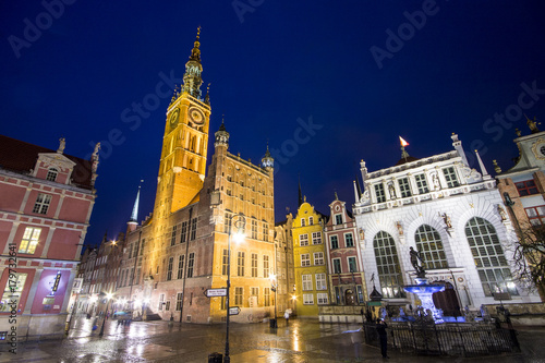 Historic landmarks of the Old City of Gdansk  Poland  the Gothic-Renaissance Town Hall  Ratusz   the Artus Court  Dwor Artusa  and the Fountain of Neptune
