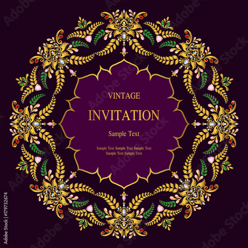  Wedding Invitation card templates with gold patterned and crystals on background color. © Siam Vector