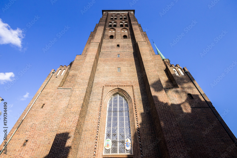 The bell tower of St. Mary's Church (Bazylika Mariacka), a Roman Catholic church in Gdansk, Poland, and one of the largest brick churches in the world
