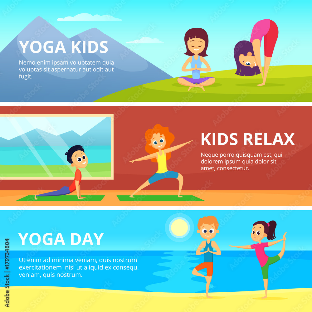 Outdoor pictures of kids making different yoga exercises. Vector banners with place for your text