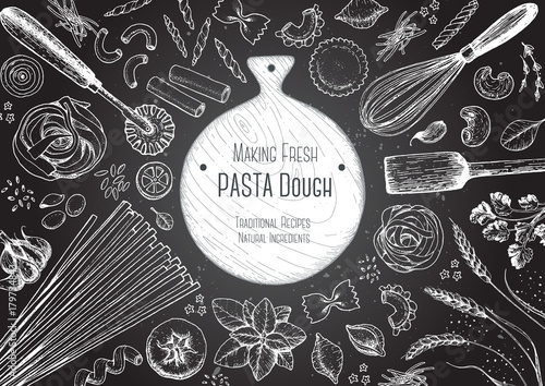 Italian pasta top view frame. Hand drawn vector illustration. Collection of pasta different types. Italian food design template. Engraved sketch style.