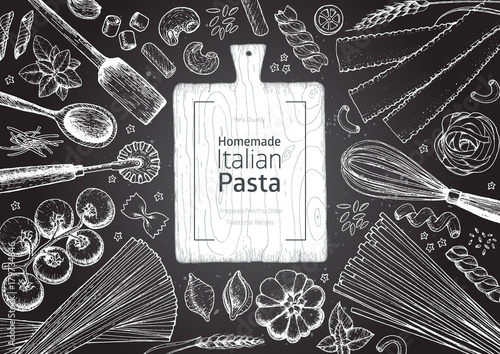 Italian pasta top view frame. Hand drawn vector illustration. Collection of pasta different types. Italian food design template. Engraved sketch style.