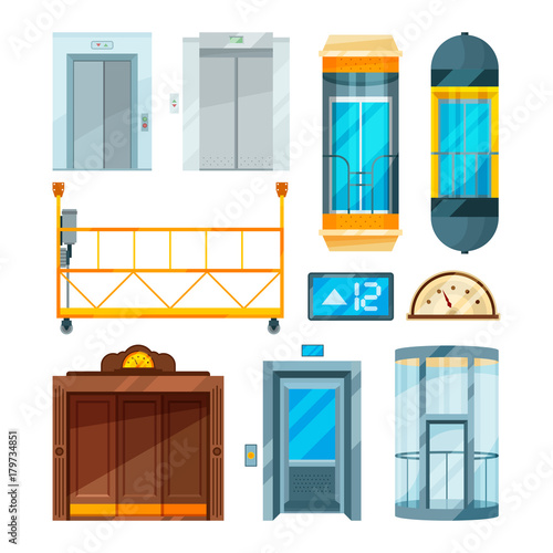 Set of different modern glass elevators. Vector pictures in cartoon style