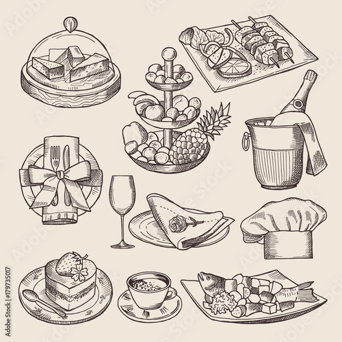 Different pictures for restaurant menu in retro style. Vector hand drawn illustrations