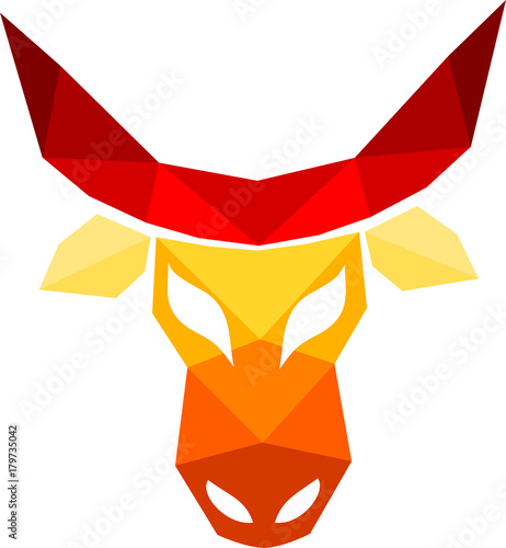 Tête de vache ou taureau, formes géométrique et abstraite de couleur jaune et rouge