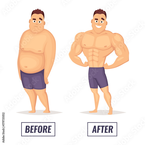 Two characters fat and muscular man. Visualization of loss weight