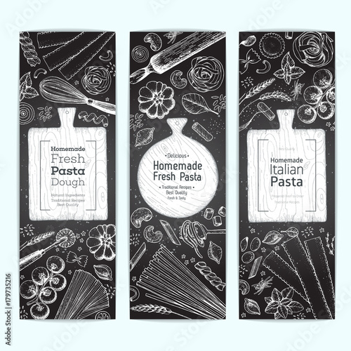 Italian pasta vertical banner set. Hand drawn vector illustration. Collection of pasta different types. Italian food design template. Engraved sketch style.
