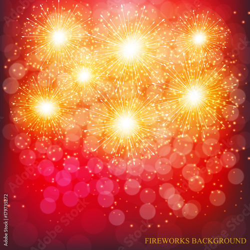 Brightly Colorful Fireworks. Red vector illustration .