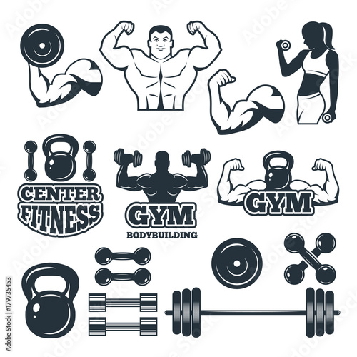Different symbols and badges set for fitness club. Vector pictures for gym