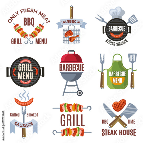 Colored labels set for bbq party. Grilled food