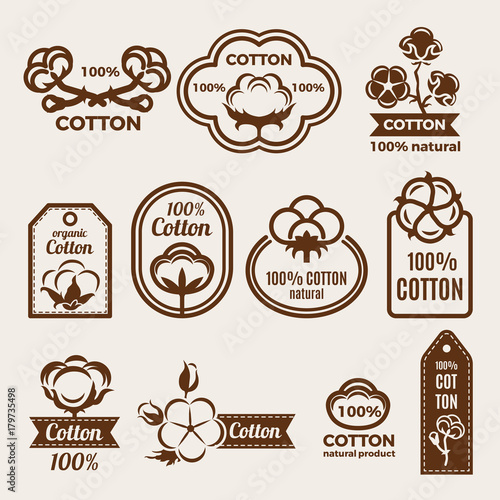 Different labels set with stylized illustrations of cottons. Design template of vector badges for clothes