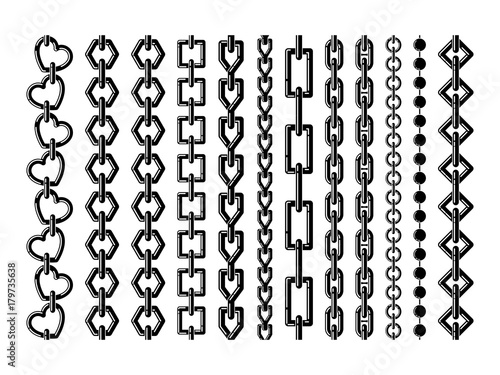 Silhouette of different steel chains isolate on white. Vector monochrome seamless set