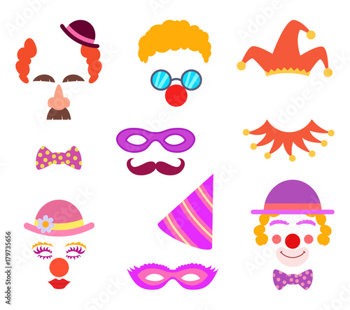 Scrapbook elements. Circus or party costumes and clown glasses and hairs