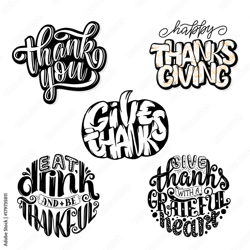 et of Hand drawn Thanksgiving typography quotes. Celebration lettering phrases.