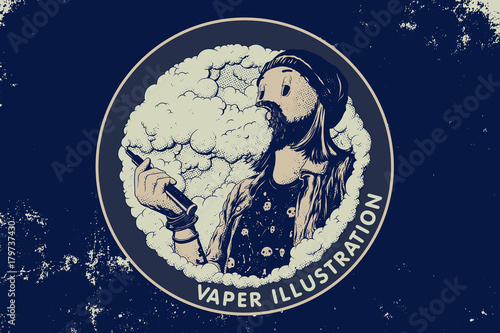 Vector art of hipster with making vape cloud with e-cigarette. Vector illustration. Placard design for vapor shop. Variation on dark background.