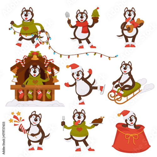 Christmas wolf dog Santa cartoon character vector icons winter holiday greeting card