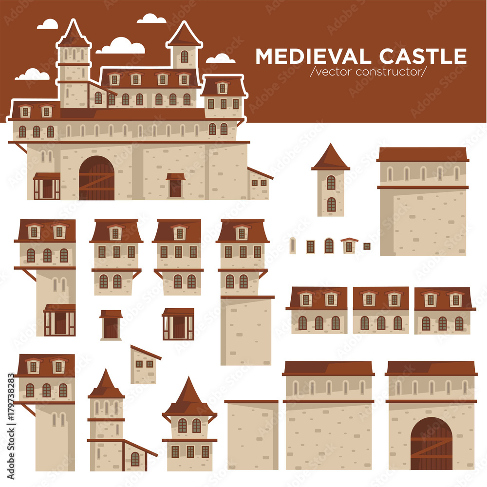Medieval castle or royal fortress constructor of flat icons.