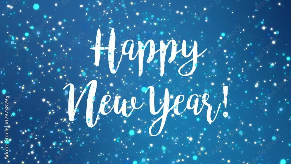 Sparkly Happy New Year greeting card video animation with falling snowflakes and colorful glitter particles flickering on blue background. Sparkly Happy New Year greeting card video animation with falling snowflakes and colorful glitter particles flickering on blue background.