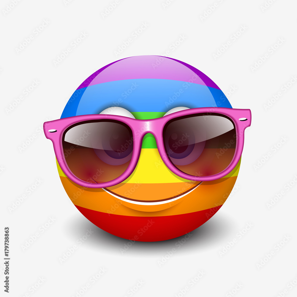 Cute emoticon wearing pink sunglasses isolated on white background with rainbow colors motive
