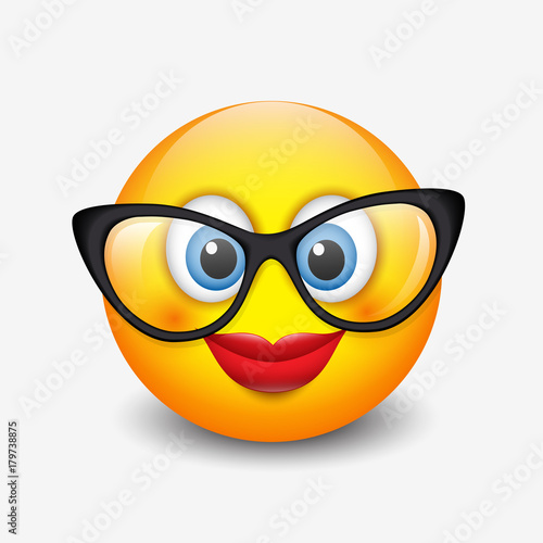 Cute smiling emoticon wearing eyeglasses, emoji