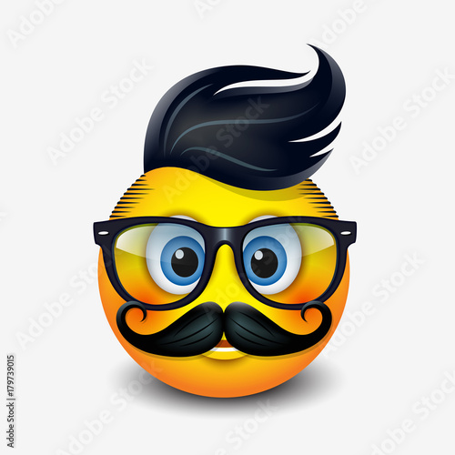 Cute hipster emoticon wearing eyeglasses with trendy haircut and mustaches, emoji