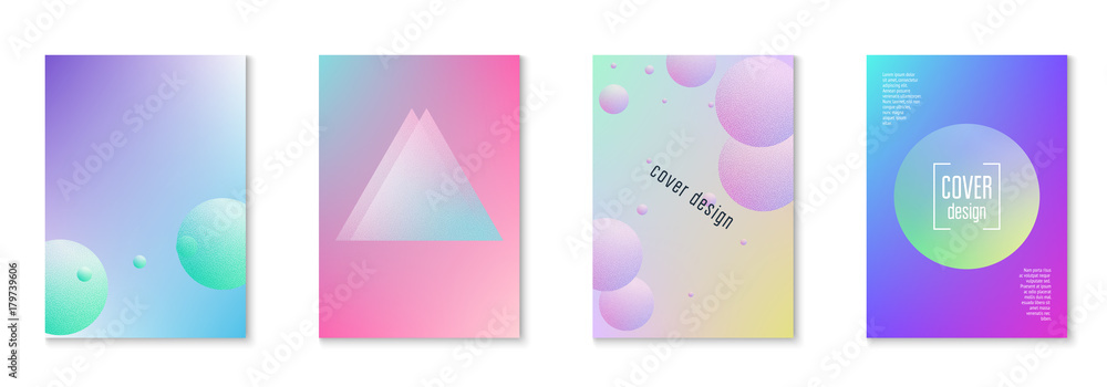 Holographic fluid set with radial circles. Geometric shapes on gradient background. Modern hipster template for poster, cover, banner, flyer, report, brochure. Minimal holographic fluid in neon colors