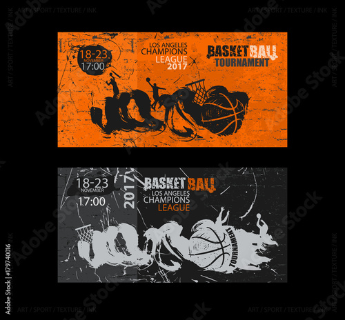 Set of basketball designs. Hand drawing, grunge style. A collection of sports banners, wall textures, flying ball, a sketch of players. EPS file is layered.