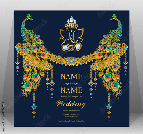 Wedding Invitation card templates with gold peacock patterned and crystals on paper color.