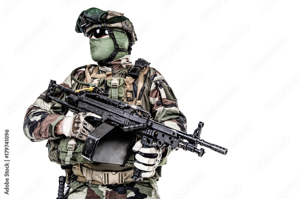 Paratrooper of french 1st Marine Infantry Parachute Regiment RPIMA studio shot firing pointing weapons Paratrooper of french 1st Marine Infantry Parachute Regiment RPIMA studio shot firing pointing weapons