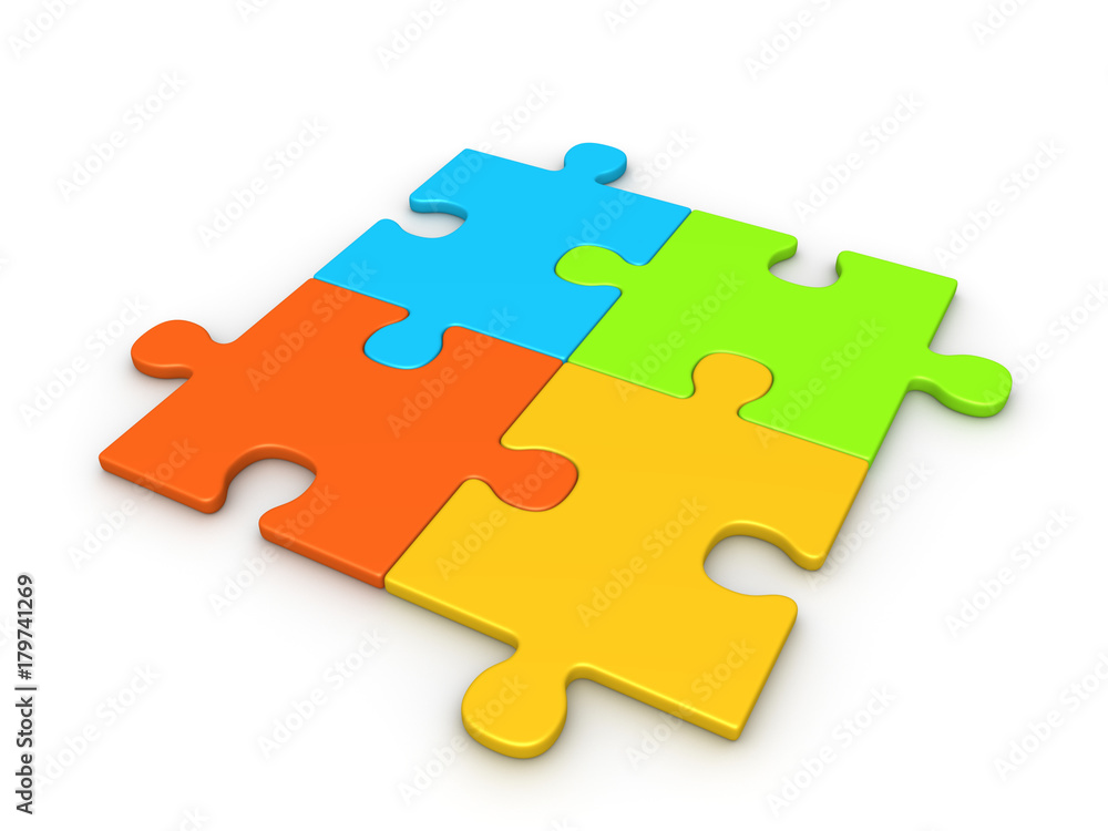 Four puzzle pieces joined together. 3d render. Four puzzle pieces joined together. 3d render.