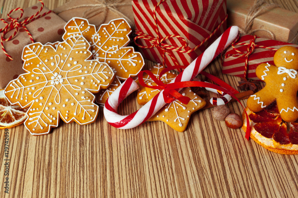 Christmas cookies on  wood background