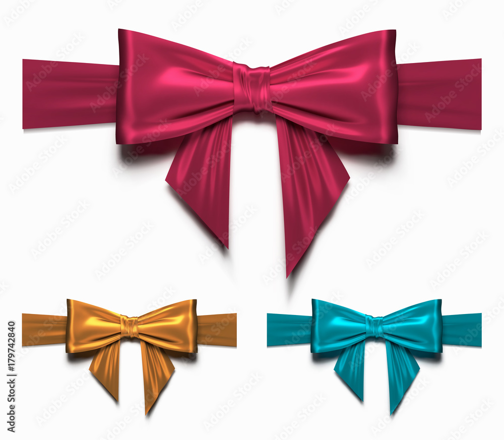 Set of gift silk bow and ribbon. collection realistic bows isolated on white background, top view, vector holiday Illustration. Set of gift silk bow and ribbon. collection realistic bows isolated on white background, top view, vector holiday Illustration.