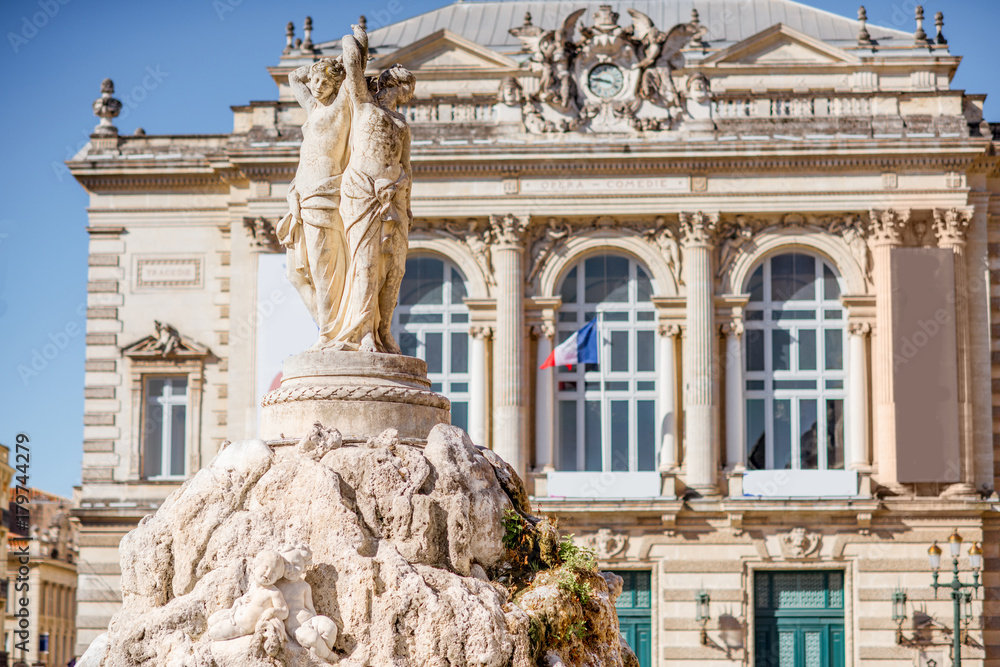 View on the statue of Three Graces with Opera building on the background in Montpellier city in France